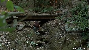 Investigative reporter Chanel Preston witnessing hunt in the woods of blonde Iris Rose and then both blondes are bound and fucked by John Strong